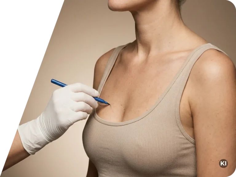Hand mit medizinischem Handschuh markiert mit einem Stift die Brust einer Frau in einem ärztlichen Kontext