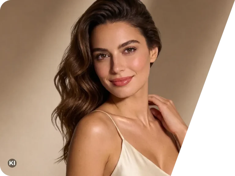 Porträtaufnahme einer sehr attraktiven Frau mit seidenem, beigen Top, die Frau strahlt mit einem leichten Lächeln in die Kamera. Der Hintergrund ist beige