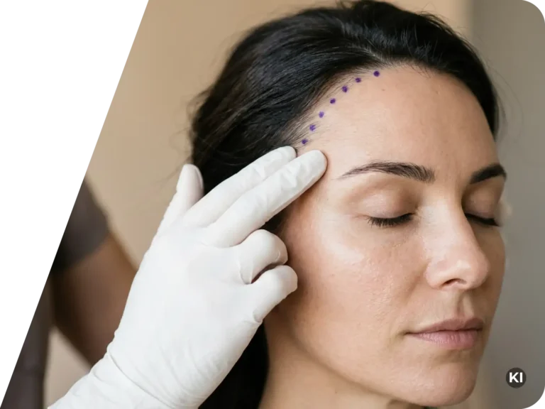 Die Stirn einer Patientin wird von einer plastischen Chirurgin untersucht. Nahaufnahme des Gesichts einer attraktiven Frau vor beigem Hintergrund