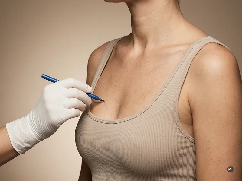 Hand mit medizinischem Handschuh markiert mit einem Stift die Brust einer Frau in einem ärztlichen Kontext